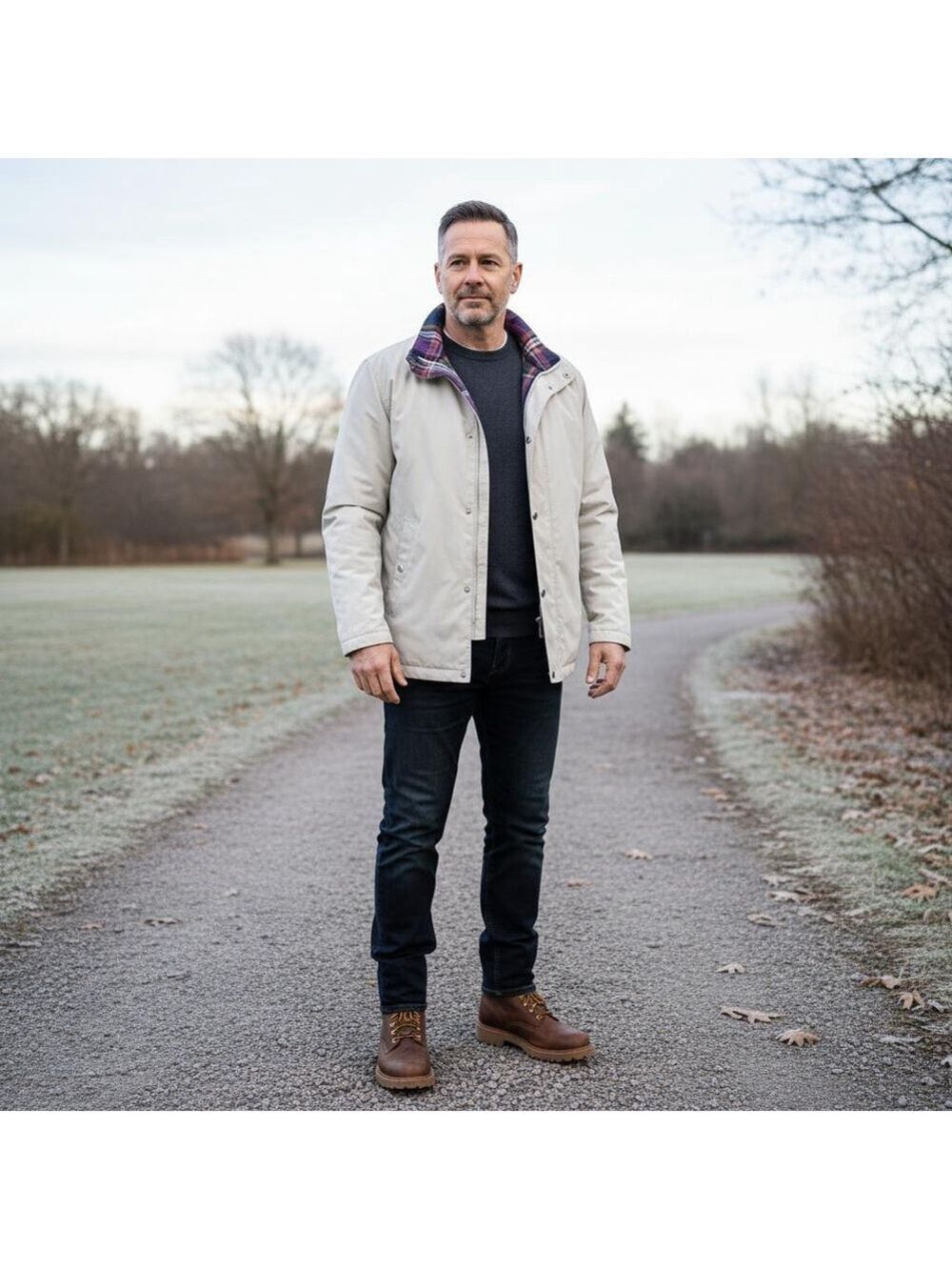 Mulberry Street Vintage Beige Utility Jacket with Plaid Trim, Unisex Large